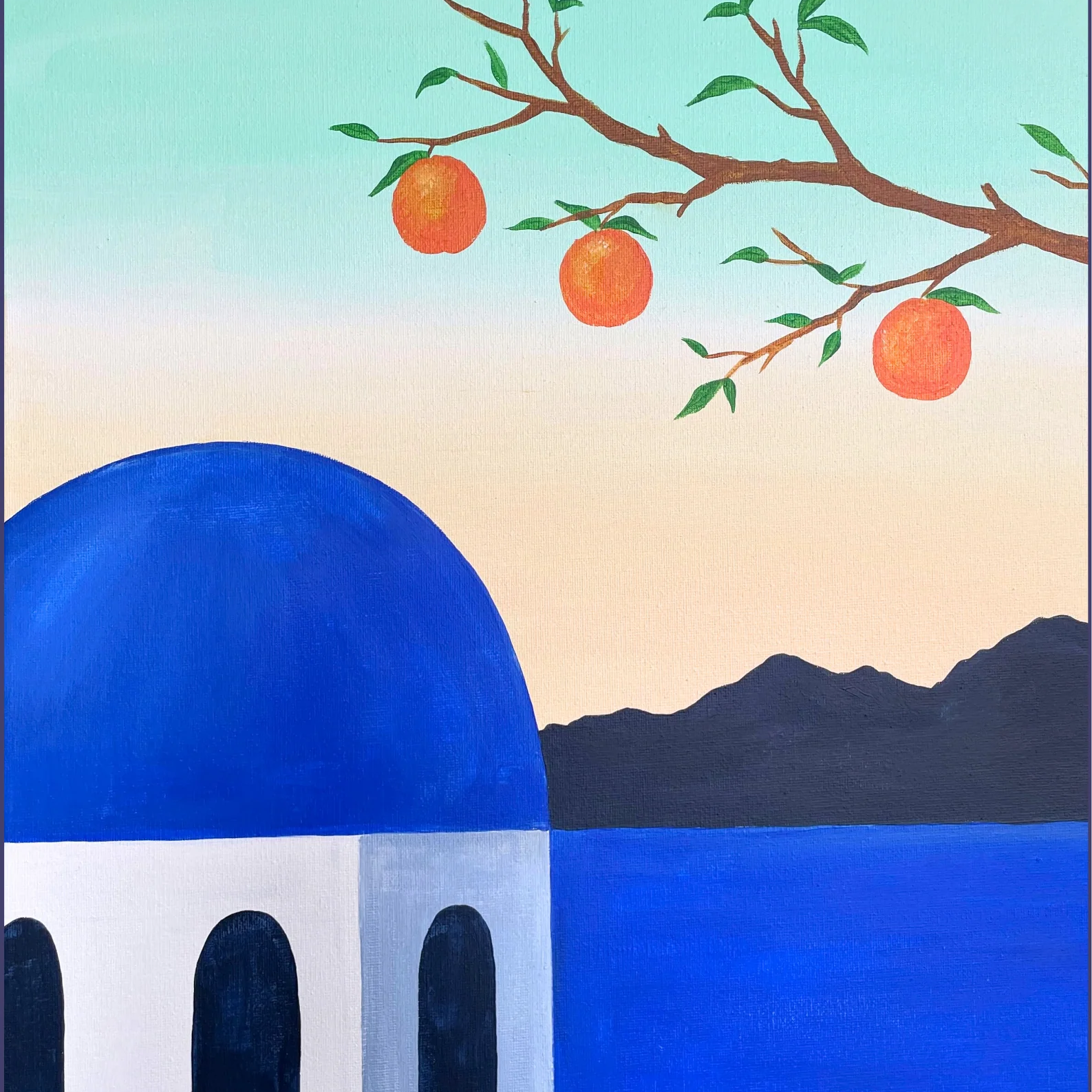 Greek Island painting with blue dome and orange tree