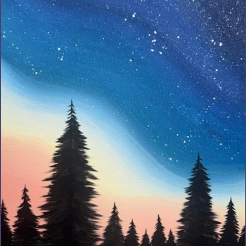 Midnight Forest painting with pine tree silhouettes and starry sky